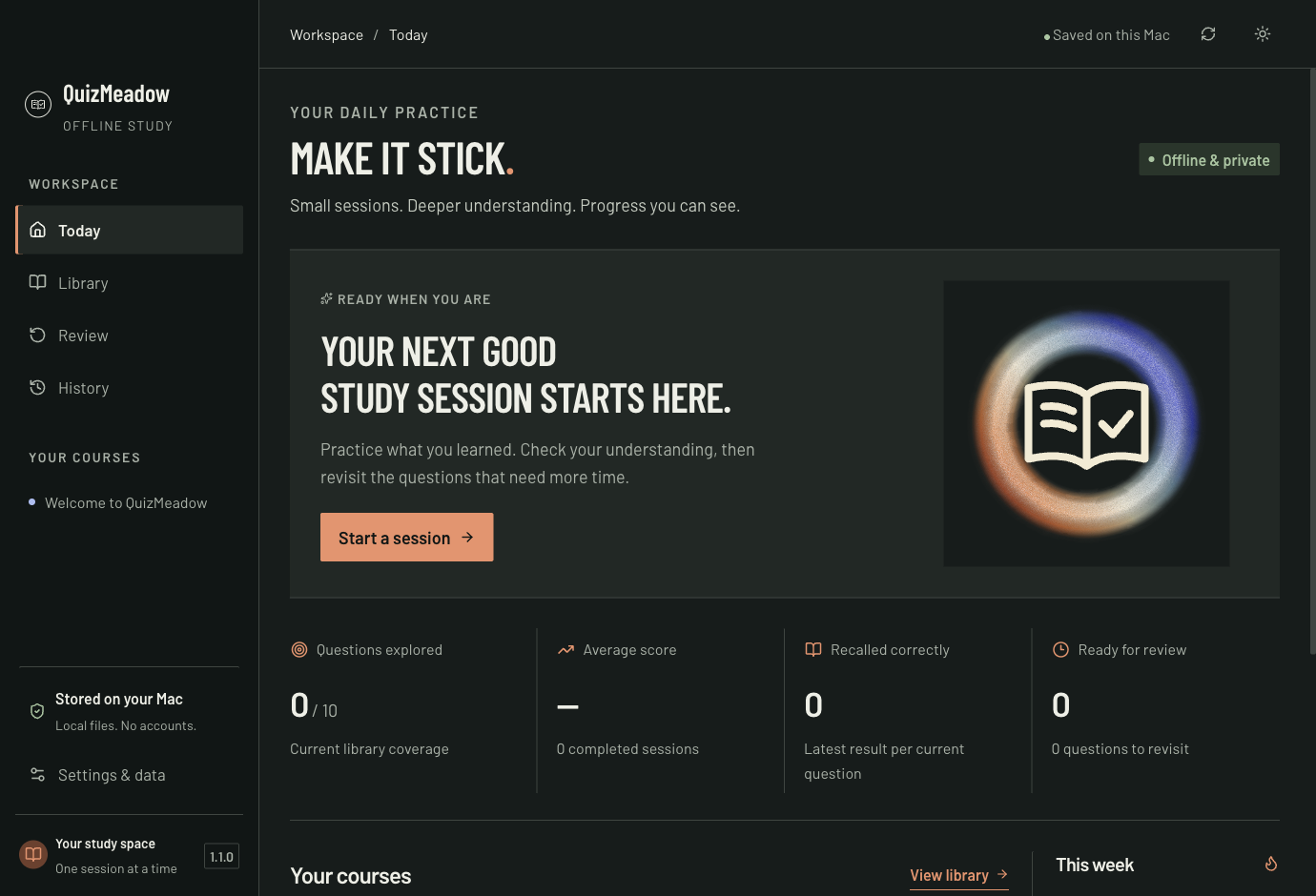 QuizMeadow dashboard showing practice sessions and study progress in its dark green theme.